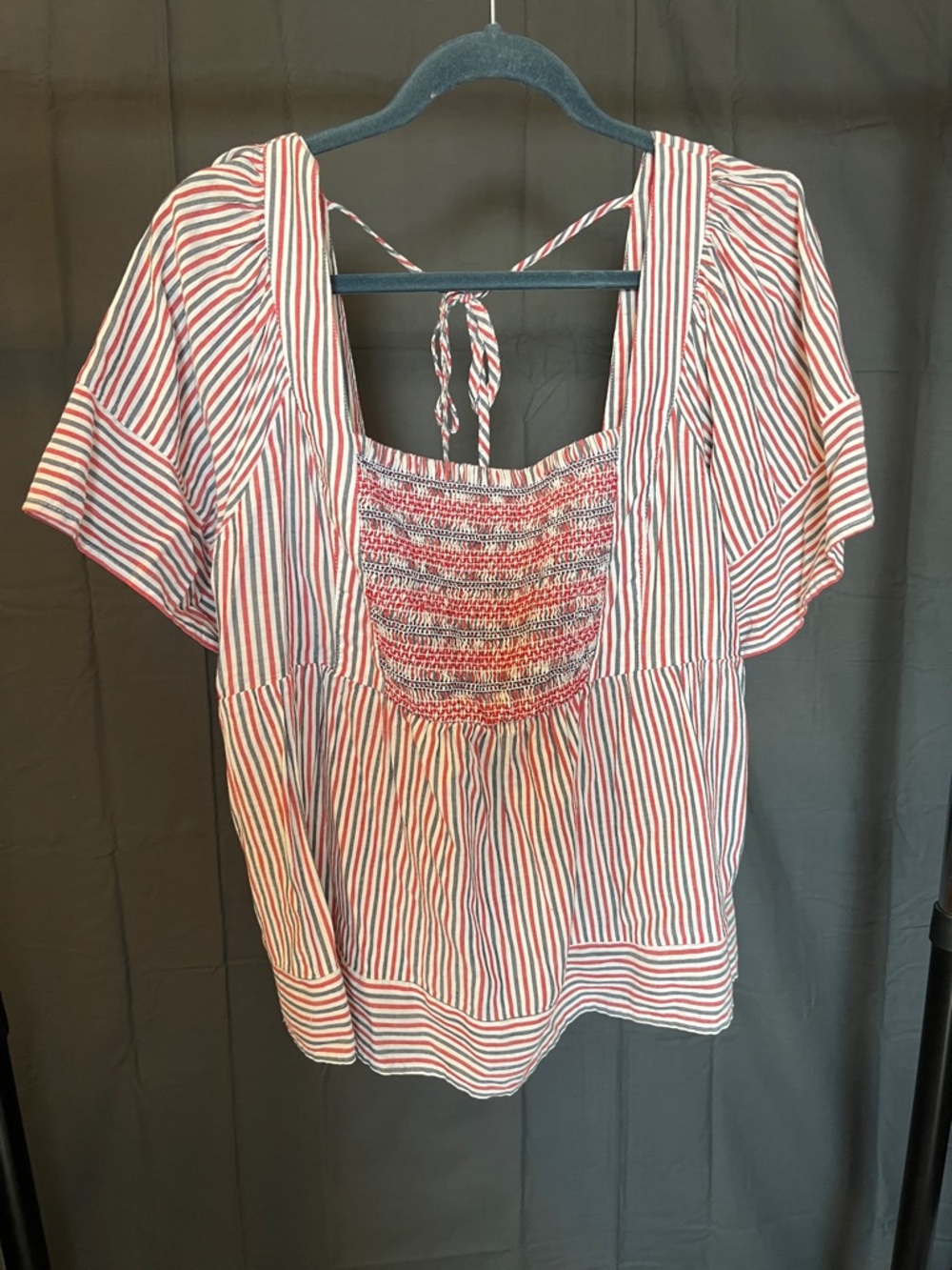 Old Navy Striped Red and White Smocked Peasant Top, Size L